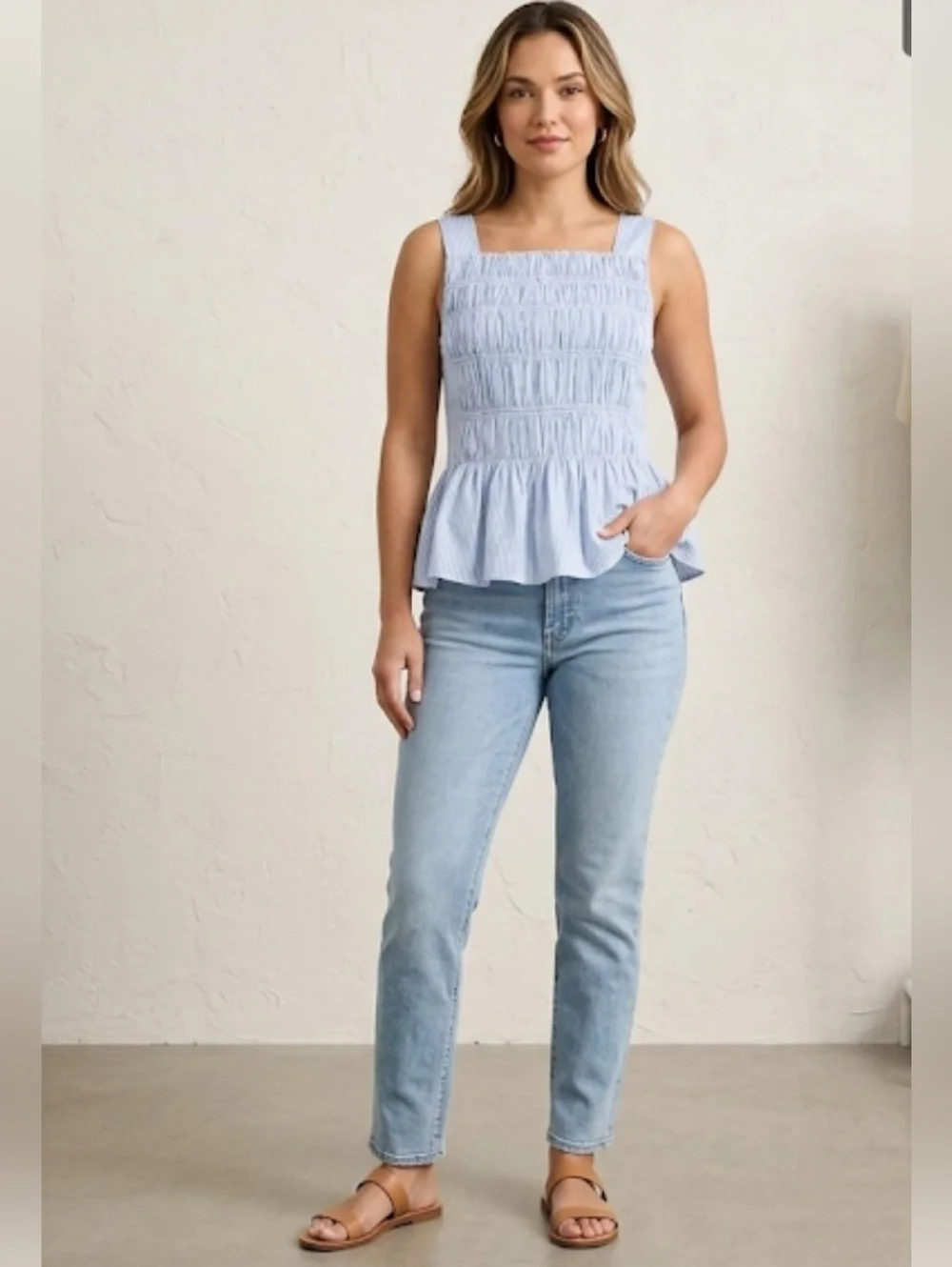 Nwt J. Crew Factory  100% Cotton Smocked Tank Top  Blue Stripe